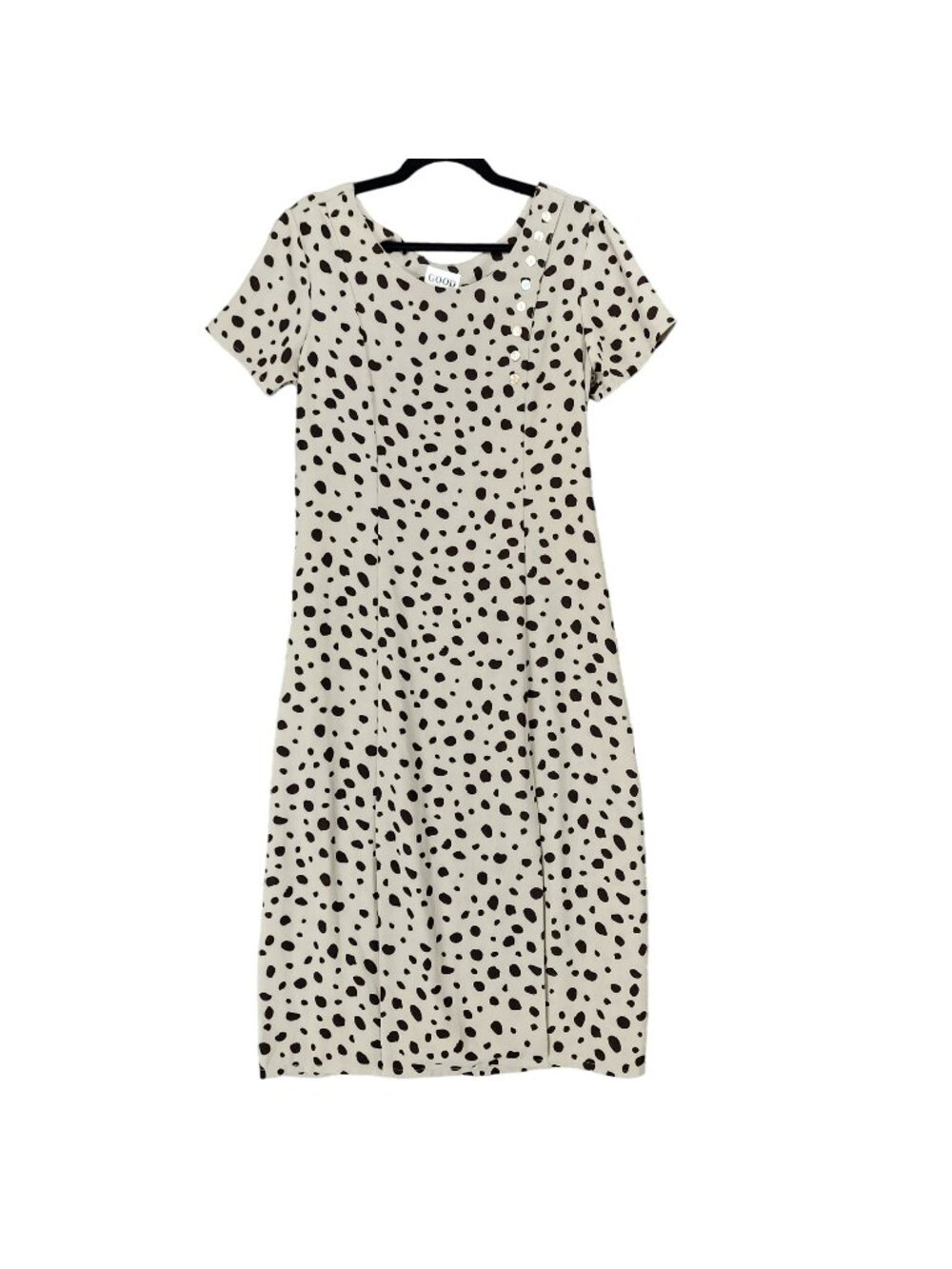 Good Dress Womens Large Tan Polka Dot 100% Slik Short Sleeve Midi